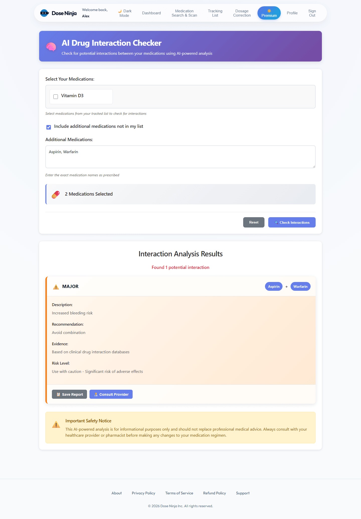 Drug Interaction Check screen in Dose Ninja, showing real sample data