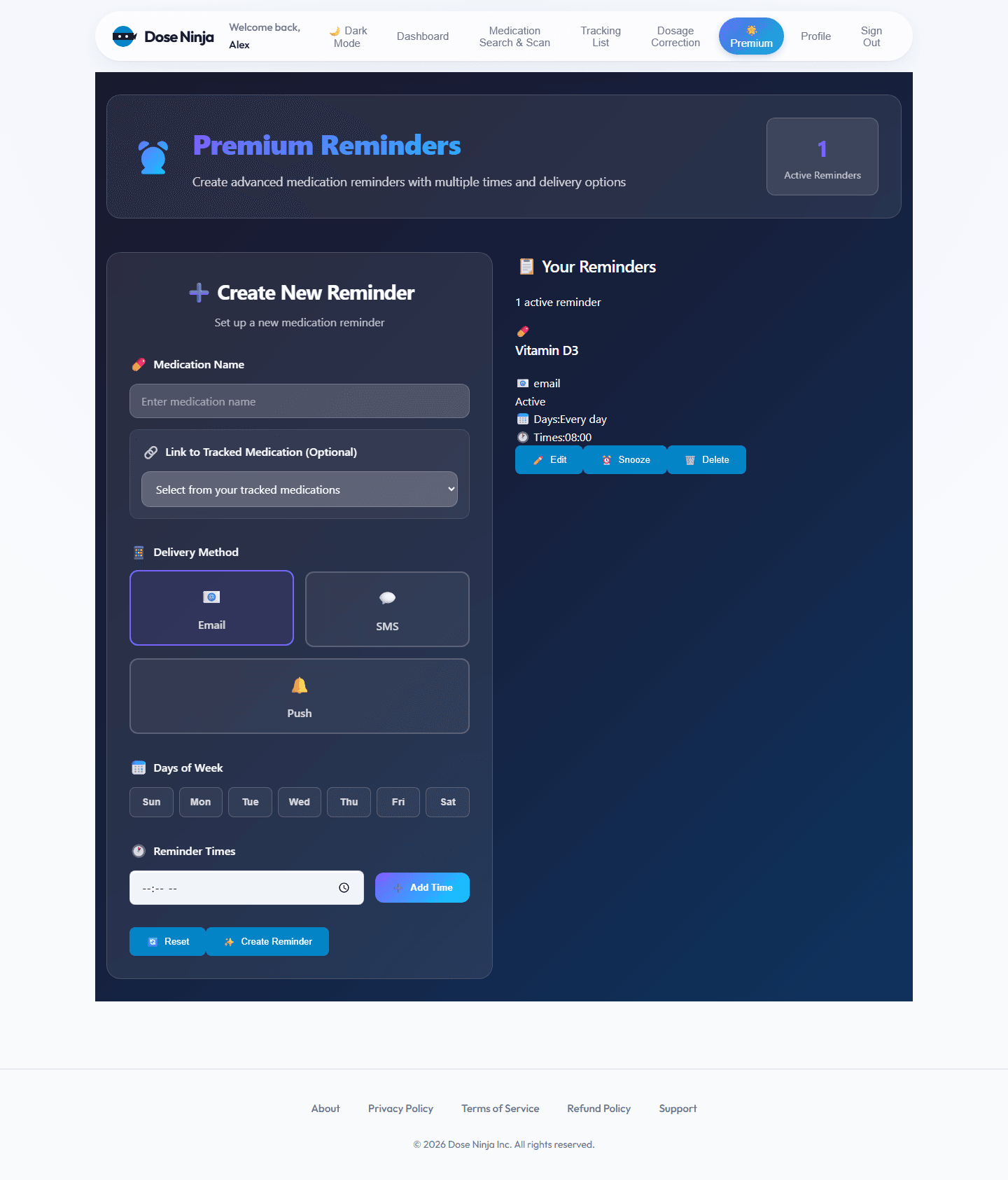 Medication Schedule screen in Dose Ninja, showing real sample data